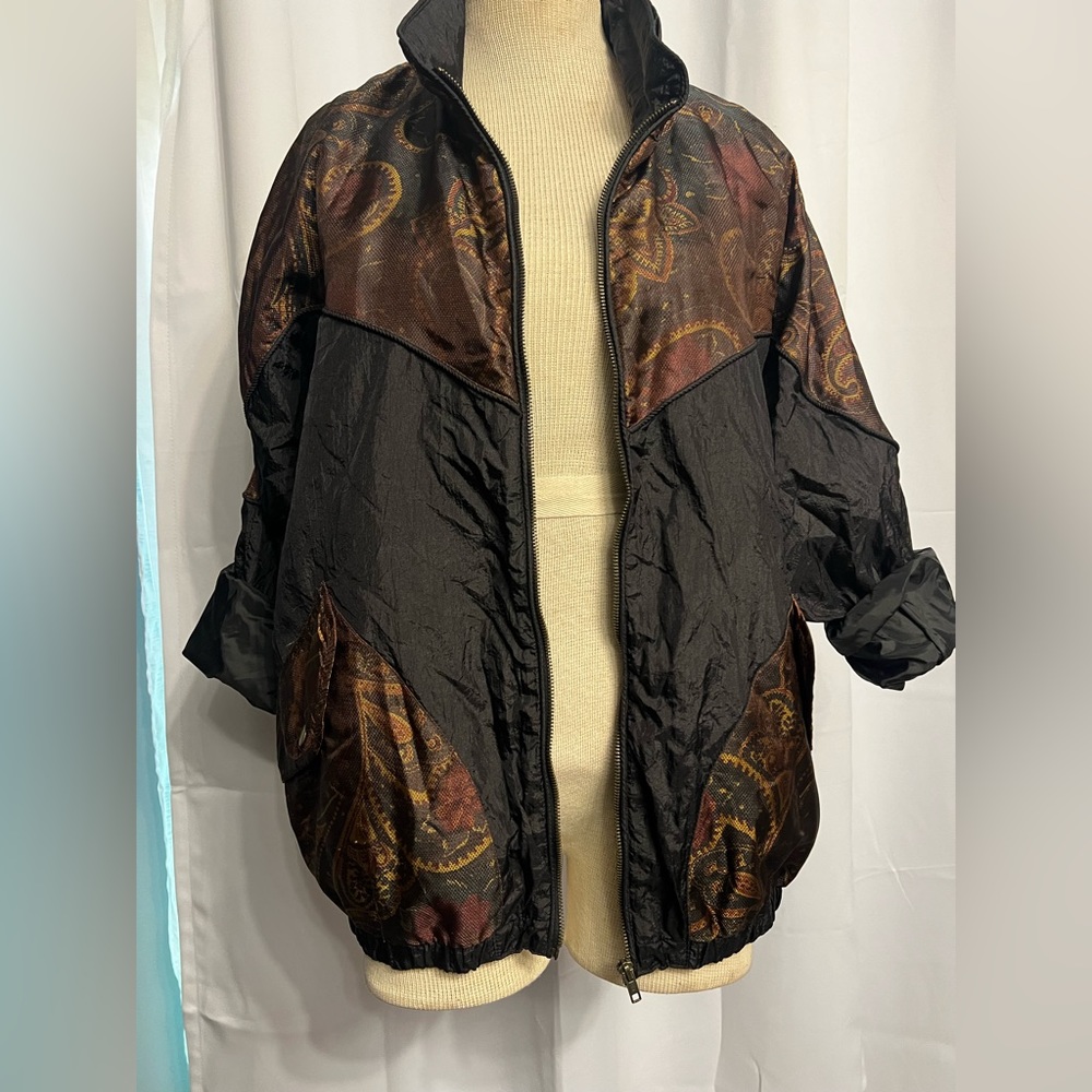 VTG Women 80s 90s Paisley Print Full-zip Windbreaker Jacket Brown Black Sze Med